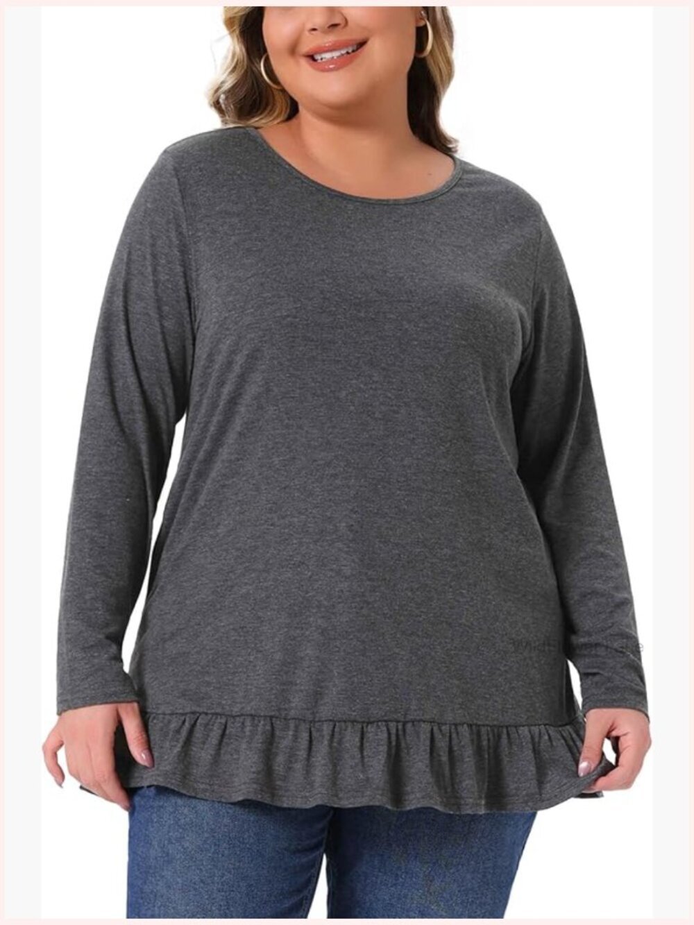 Plus Size Tunic Long Sleeve Crew Neck Ruffled Hem Flowy Shirts with Pockets